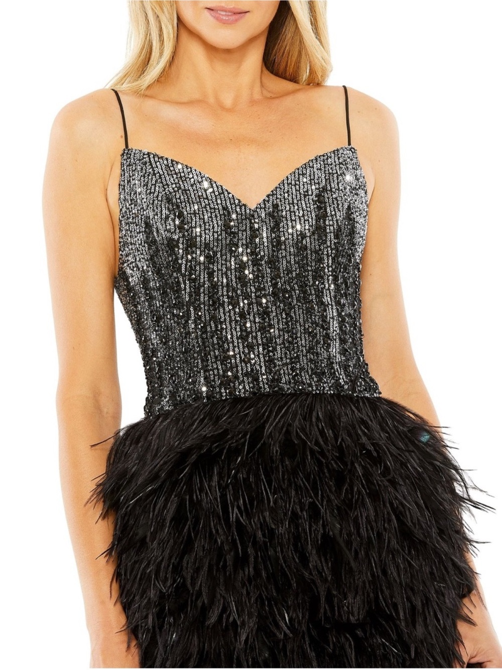 Mac Duggal Black Sleeveless Sequin Dress with Feather Skirt - Picture 2 of 8